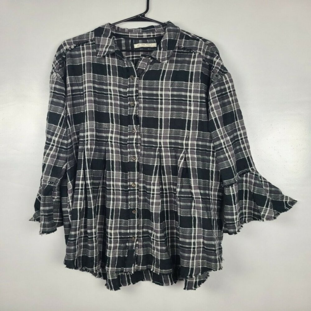 Free People Top Black White Flannel Button FrontXL